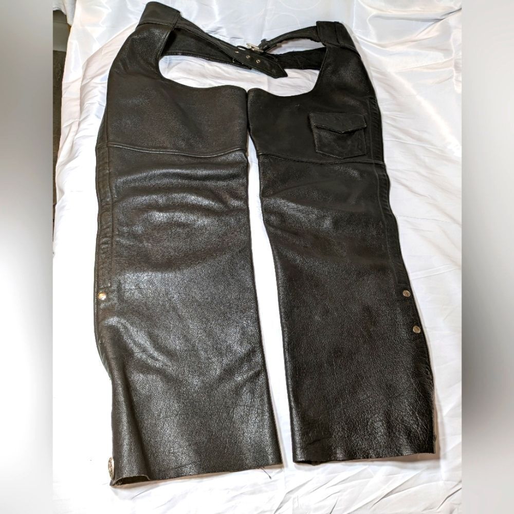 MOB Black Leather Chaps for Motorcycling, Tree Trimming or Horseback Riding.
